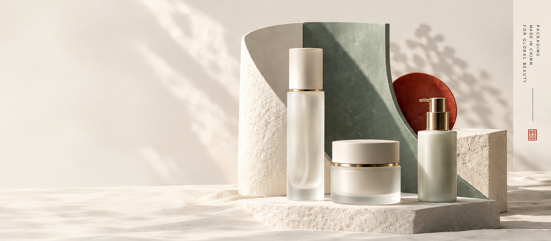 Cosmetic bottles, a cream jar and a pump on sculptural stone surfaces