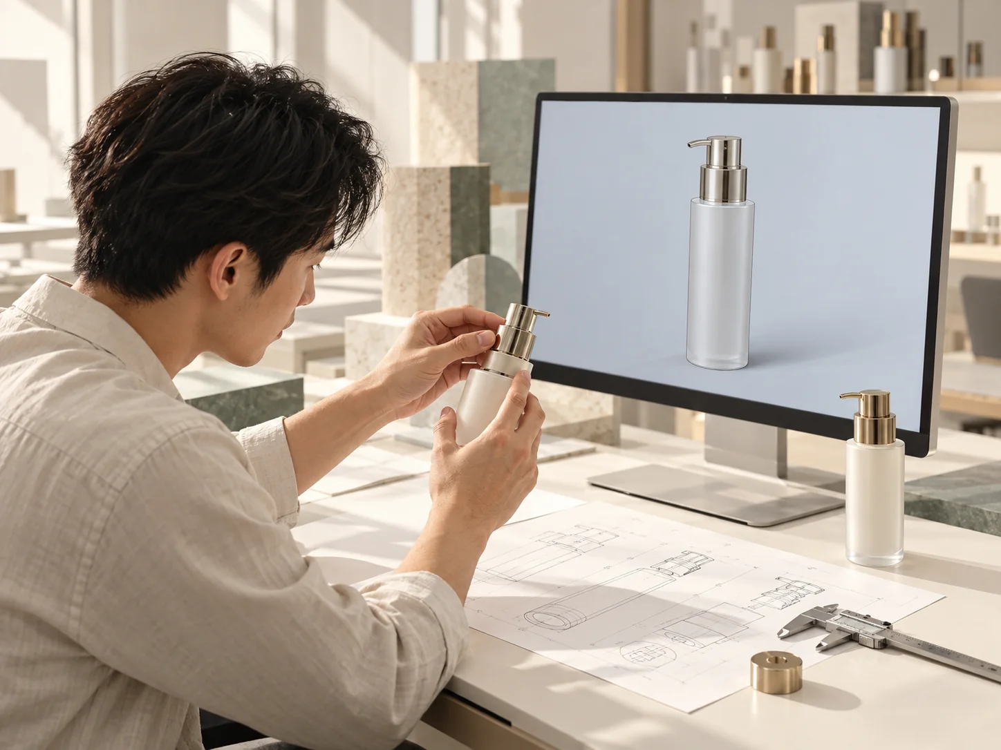 Packaging engineer reviewing a cosmetic bottle prototype alongside its 3D design
