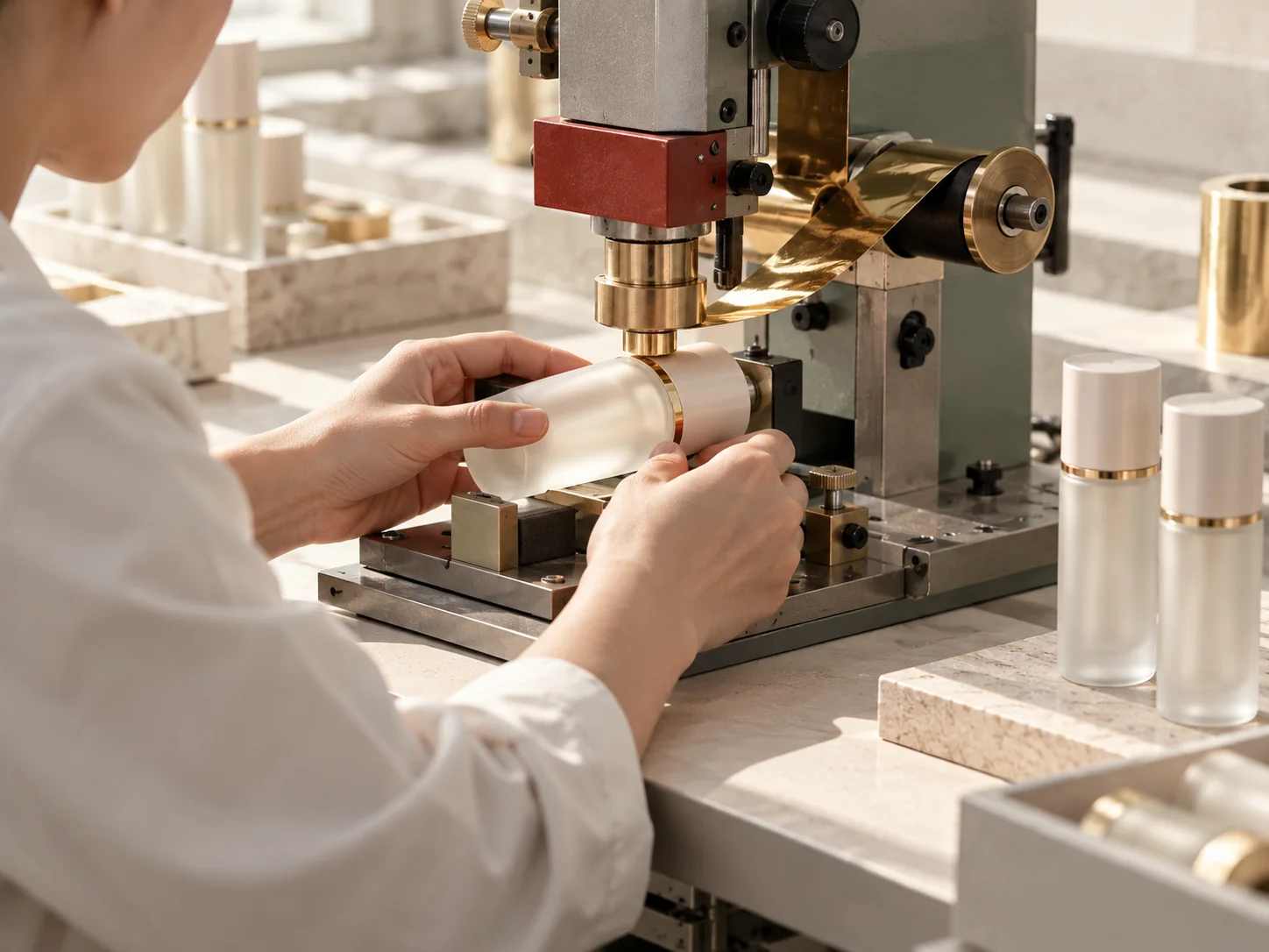 Hot stamping a gold finish onto a cosmetic bottle during packaging customization
