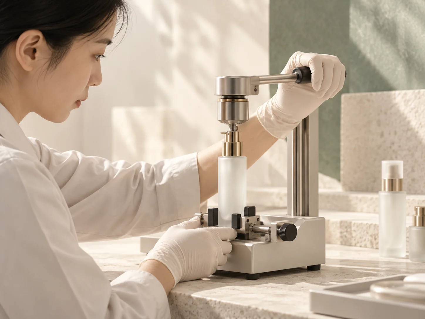 Quality inspector testing a cosmetic bottle closure with a torque-testing instrument