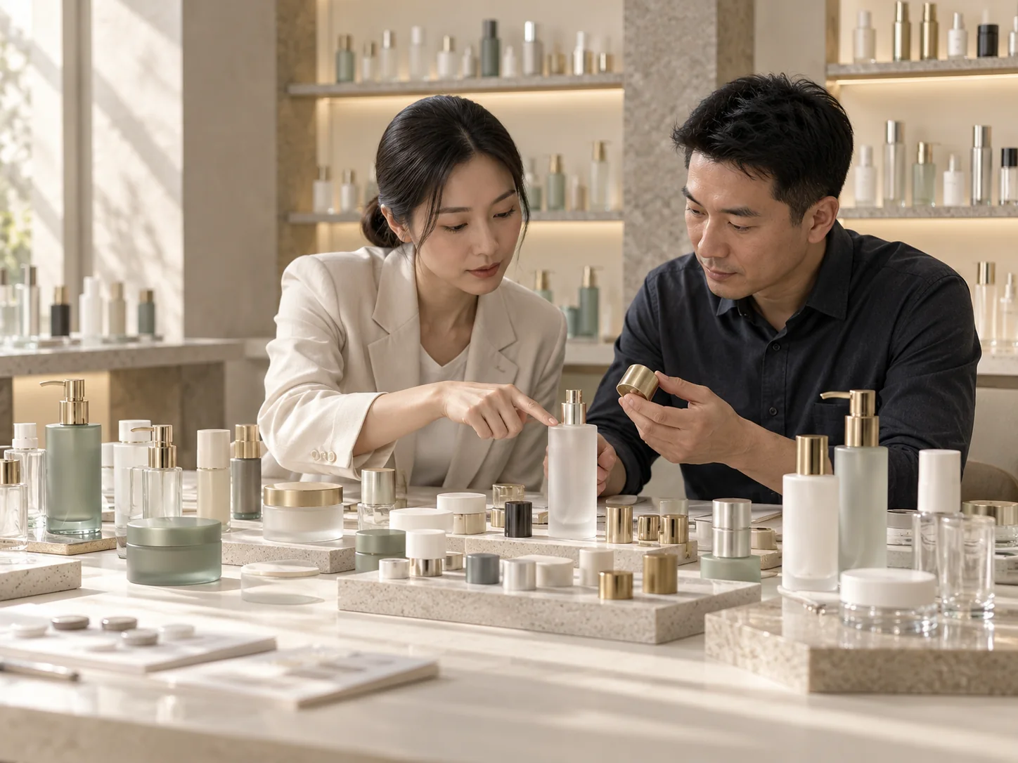 Cosmetic packaging specialists reviewing bottle and jar samples in a supplier showroom