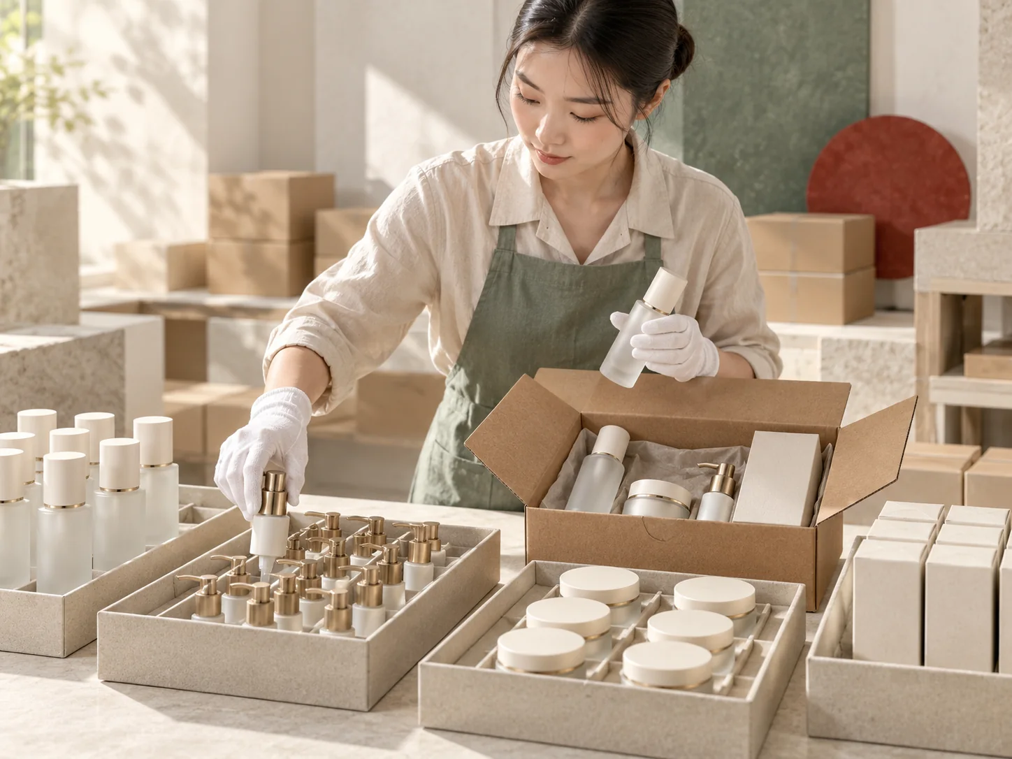 Cosmetic packaging worker checking and packing bottles and jars for a coordinated shipment