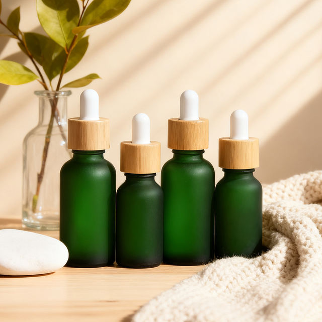 Free Samples 15ml 20ml 30ml 40ml 50ml 100ml Round Transparent Green Glass Bottle for Essential Oil Perfume Hair Oil Dropper Box