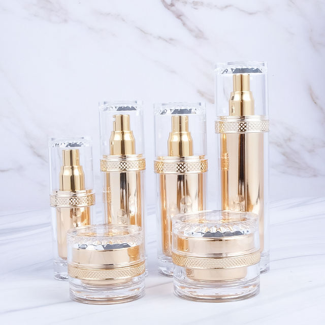 Luxury Double Wall Gold Acrylic Cosmetic Jar Bottle Set Plastic Components 30g/50g/30ml-120ml Capacities Custom Printing for