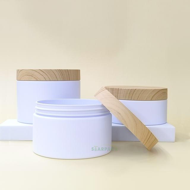 Cosmetic Empty Cream Jars 2oz 4oz 8oz PET Frosted Plastic Clear Lip Scrub With Wood Grain Lid For Lipstick Blush Mascara