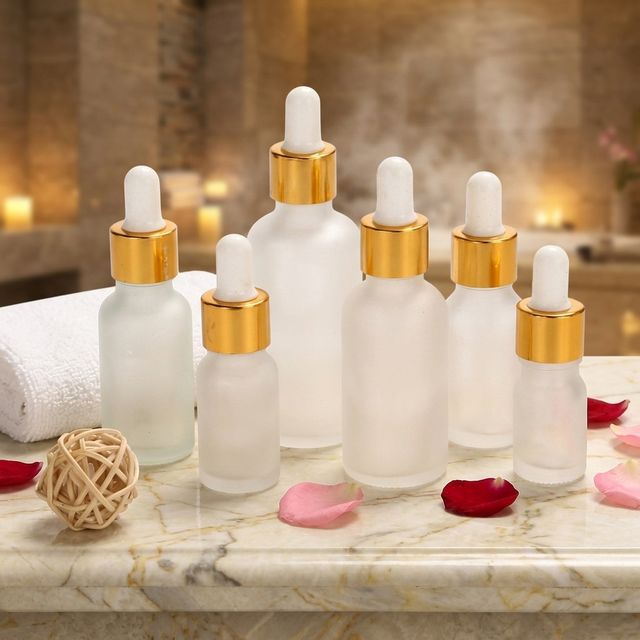Wholesale Frosted Essential Oil Dropper Bottles 5ml 10ml 15ml 20ml Skincare Packaging Glass Serum Bottle with Aluminum Dropper