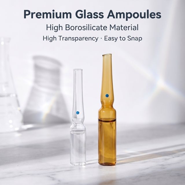 Clear Amber Thin Neck Glass Ampoule Empty Cylindrical Glass Vial for Liquid Cosmetic Raw Material Storage Packaging