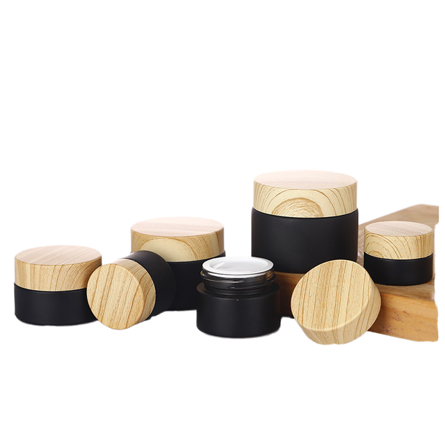 Stock Frosted Black Face Cream Cosmetic Glass Jar 30ml 50ml 100ml with Bamboo Lid