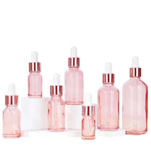 Round Oil Pink Serum Glass 2oz Dropper Bottle 30ml 100ml Eye Rose Gold Dropper Glass Bottle Pink Dropper Bottle for Cosmetic