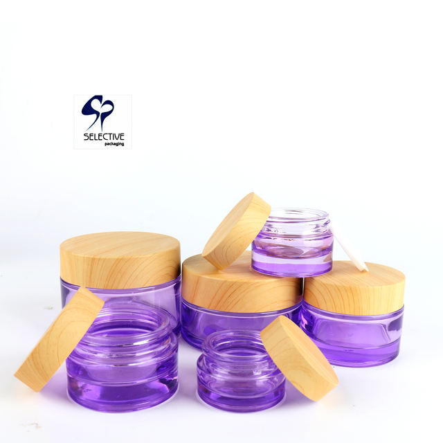 Custom 5g 15g 30g 50g Translucent Purple Smooth Surface Round Cylinder Glass Cream Bottle Face Cream Jar with Bamboo Lid