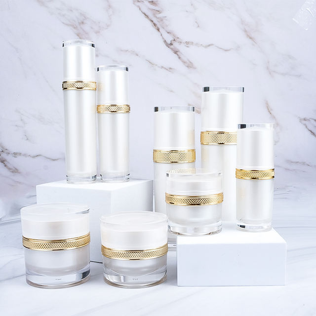 Elegant 15g 30g 50g 15ml 30ml 50ml 100ml 120ml Set of Acrylic Cream Serum Jars White Gold Glossy for Cosmetic Beauty Lotion
