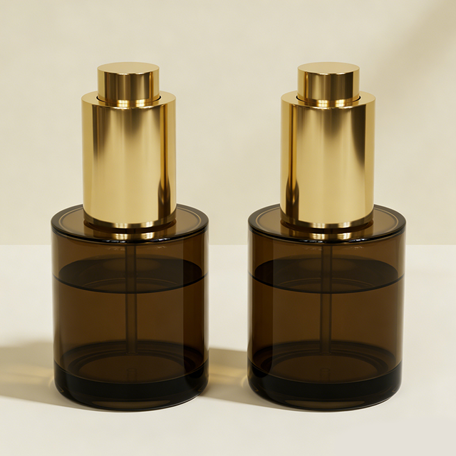 30ml Transparent Glass Serum Bottle with Gold Color Pump Sprayer Screen Printing Dropper Cap for Essential Oil & Skincare