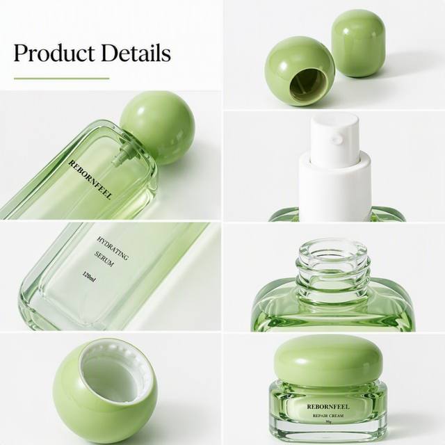 Custom Luxury Green Glass Skincare Packaging Serum Lotion Bottle Cream Jar Set with Spherical Outer Cover for Cosmetic Brands