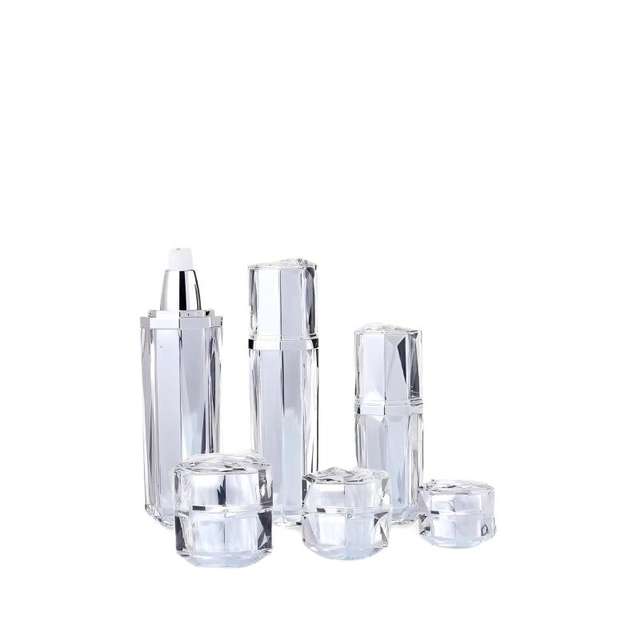 Luxury Shiny Diamond Style Polygonal Acrylic Bottle Set 30ML 50ML 100ML Custom Acrylic Cream Spray Toner Bottle Serum Lotion Jar