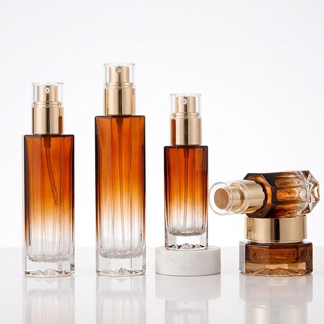 Premium Octagonal Brown Ombre Skincare Set UV Protection Tinted Glass Toner Serum Bottle with Clear Over-cap for Luxury Beauty