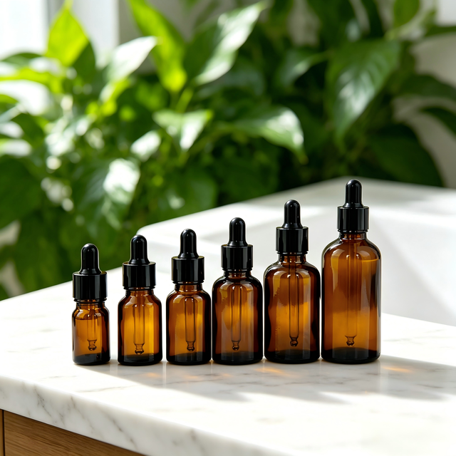 Dark Amber Cylindrical Pipette Glass Container Bottles Custom Empty Packaging Essential Oil Bottle Set