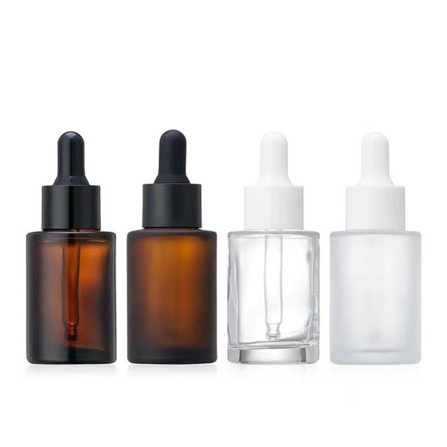 Wholesale 15ml 20ml 30ml 50ml Face Serum Oil Bottles Clear Frosted Amber Black Flat Shoulder Glass Dropper Bottle