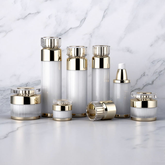 High Quality Gold White Acrylic Cosmetics Packaging Cream Jars Lotion Bottles Face Mask Skin Care Serum Mid High End Recyclable