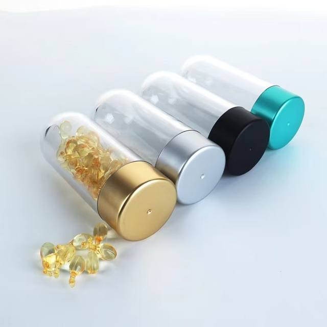 Custom Round Shape 50ml PET Body Gold Silver Electroplated with Abs Cap Eye Face Cream Skincare Serum Essence Capsule Bottle