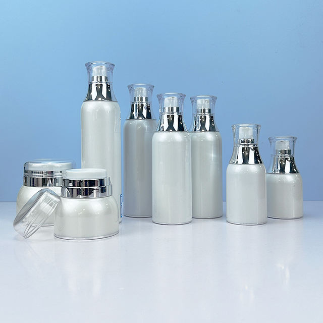 New Design Luxury Airless Full Set Cosmetic Packaging White Acrylic Face Cream Jar And Lotion Bottle With Silver Shoulder
