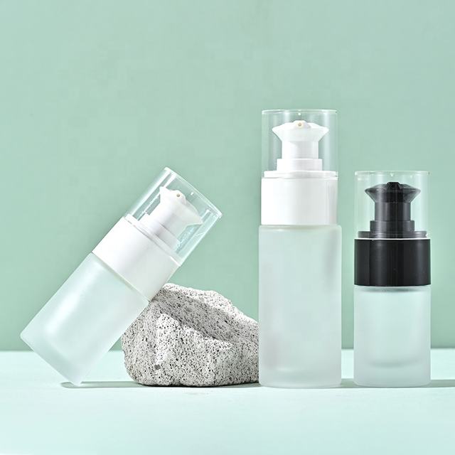 Flat Shoulder Cylinder 10ml 15ml 30ml Frosted Serum Cosmetic Press Pump Bottle Packaging Empty Liquid Foundation Glass Bottles