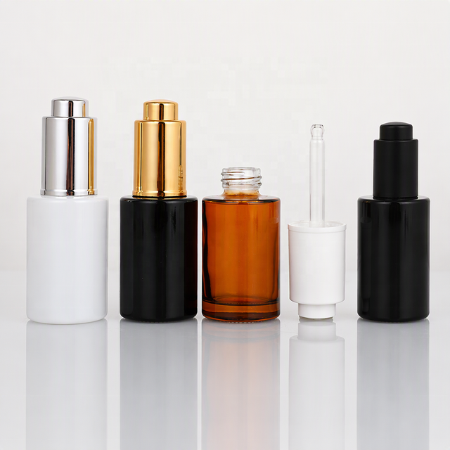 Hot Sales Press Dropper Bottle Cosmetic Custom Packaging 20ml 30ml Amber Black Essential Oil bottle With Glod Lid