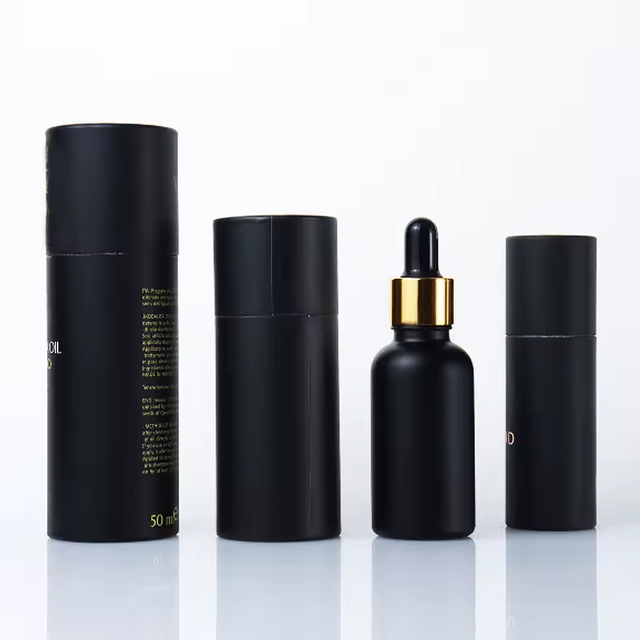 Customized Paper Tube Luxury 15ml 30ml 50ml 100ml Amber Matte Black Frosted Glass Oil Bottle With Dropper