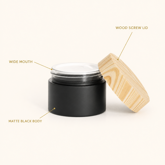 Round Cosmetic Container Personal Care Eye Face Mask Creamm1oz 30g 50g Matte Black Glass Jar With Plastic Wood Grain Lid
