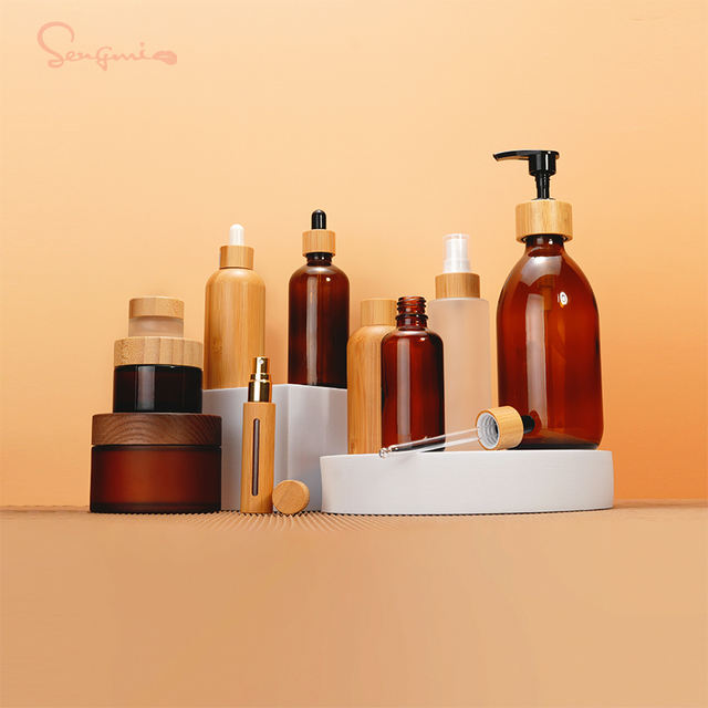 Hot Selling Set Natural Bamboo Lids Lotion Toner Bottles Empty Refillable Cosmetic Container Frosted Glass Cream Jars