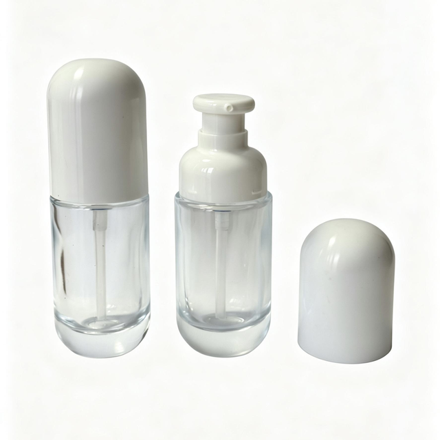 30ml Capsule Shape Clear Glass Serum Bottle, White Capsule Dome Pump Cap Leak Proof Refillable Essential Oil Lotion Packaging