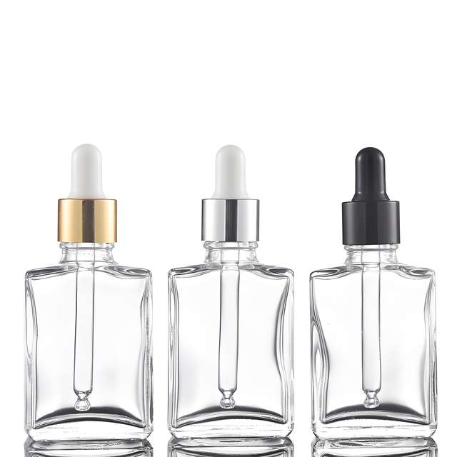 Flat square Essential Oil Bottle Toner Essence Liquid Perfume Customizable Glass Dropper Bottle 30ml