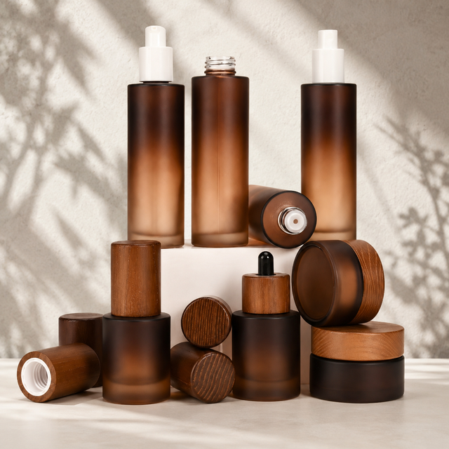 Premium Glass Essential Oil Dropper Bottle Wooden Lid 30ml 50ml 100ml 120ml Serum Jar Cosmetic Skincare Packaging Set