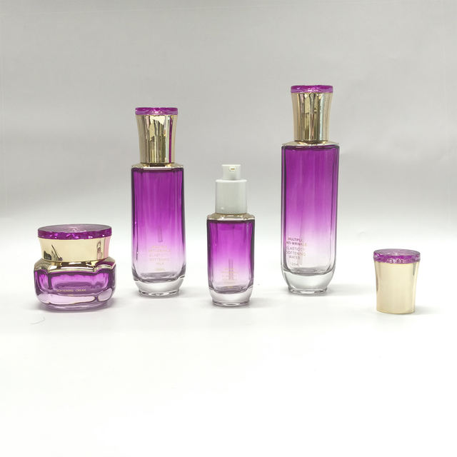 Custom Gradient Purple Glass Cosmetic Bottle Set Luxury Skincare Packaging Glass Toner Lotion Serum Cream Jar With Gold Cap
